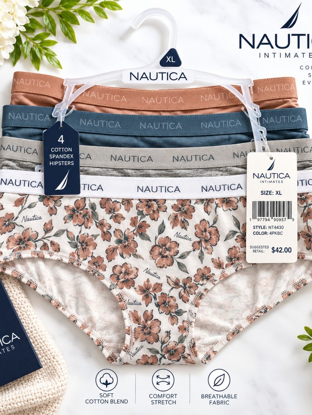 Nautica Intimates 4-pack cotton spandex hipster panties NWT, size XL.
